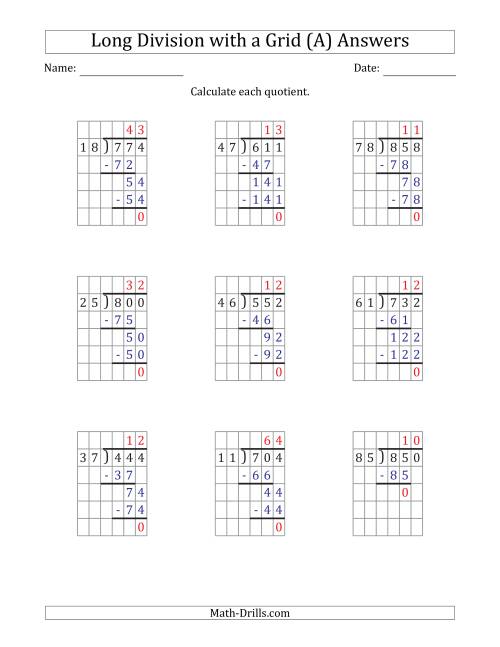The 3-Digit by 2-Digit Long Division with Grid Assistance and Prompts and NO Remainders (All) Math Worksheet Page 2