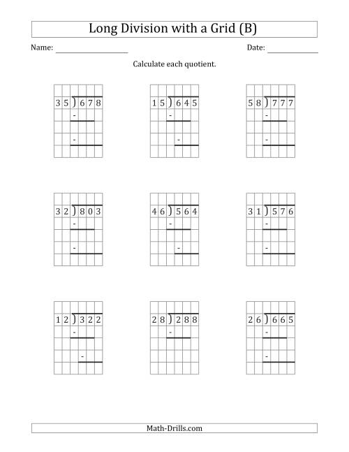 The 3-Digit by 2-Digit Long Division with Remainders with Grid Assistance and Prompts (B) Math Worksheet
