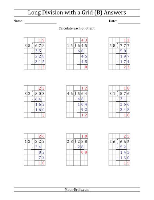 The 3-Digit by 2-Digit Long Division with Remainders with Grid Assistance and Prompts (B) Math Worksheet Page 2