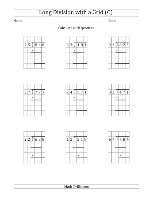 The 3-Digit by 2-Digit Long Division with Remainders with Grid Assistance and Prompts (C) Math Worksheet