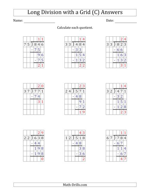 The 3-Digit by 2-Digit Long Division with Remainders with Grid Assistance and Prompts (C) Math Worksheet Page 2