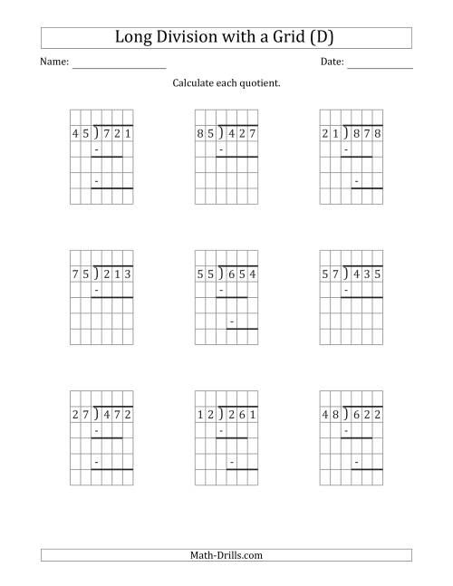 The 3-Digit by 2-Digit Long Division with Remainders with Grid Assistance and Prompts (D) Math Worksheet