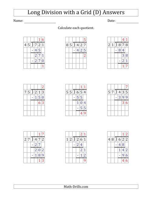 The 3-Digit by 2-Digit Long Division with Remainders with Grid Assistance and Prompts (D) Math Worksheet Page 2