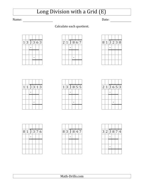 The 3-Digit by 2-Digit Long Division with Remainders with Grid Assistance and Prompts (E) Math Worksheet