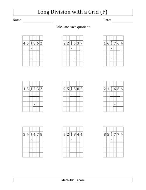 The 3-Digit by 2-Digit Long Division with Remainders with Grid Assistance and Prompts (F) Math Worksheet