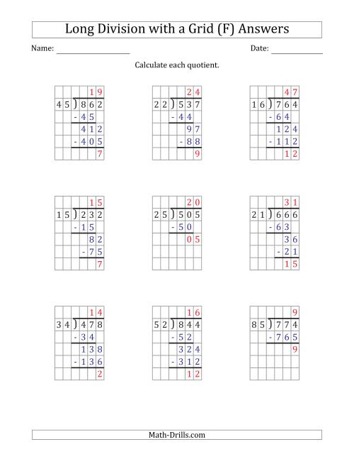The 3-Digit by 2-Digit Long Division with Remainders with Grid Assistance and Prompts (F) Math Worksheet Page 2