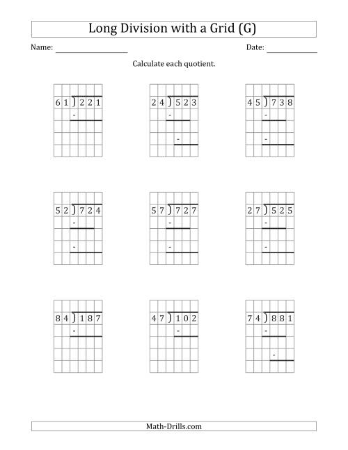 The 3-Digit by 2-Digit Long Division with Remainders with Grid Assistance and Prompts (G) Math Worksheet