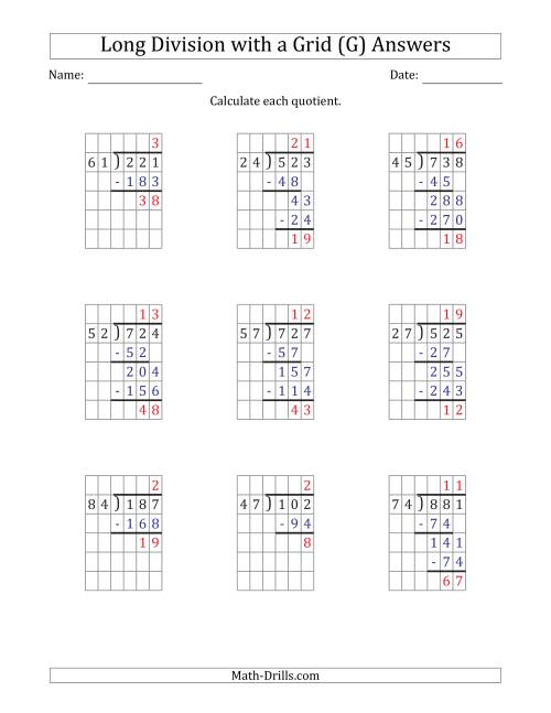 The 3-Digit by 2-Digit Long Division with Remainders with Grid Assistance and Prompts (G) Math Worksheet Page 2