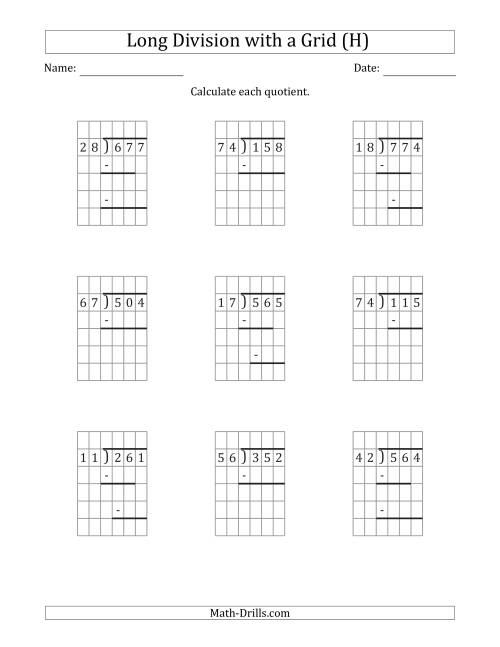 The 3-Digit by 2-Digit Long Division with Remainders with Grid Assistance and Prompts (H) Math Worksheet