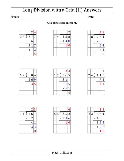 The 3-Digit by 2-Digit Long Division with Remainders with Grid Assistance and Prompts (H) Math Worksheet Page 2