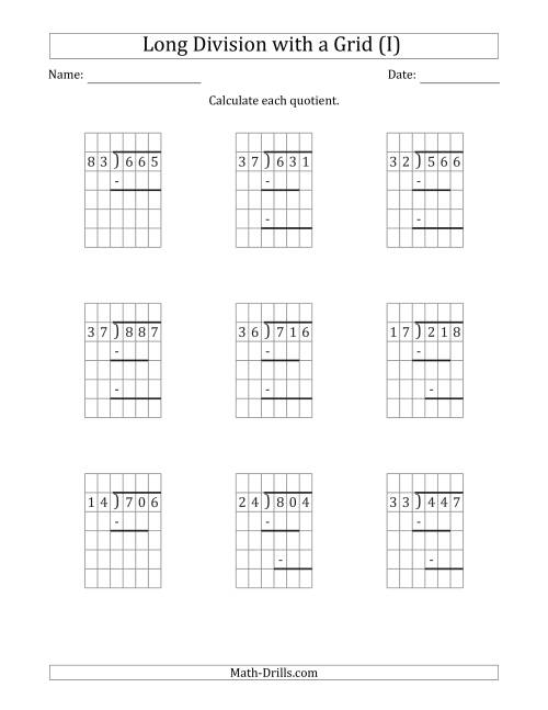 The 3-Digit by 2-Digit Long Division with Remainders with Grid Assistance and Prompts (I) Math Worksheet