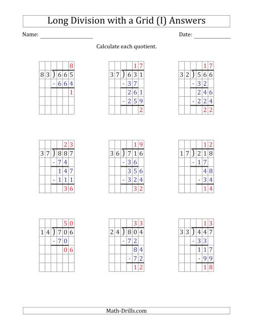 The 3-Digit by 2-Digit Long Division with Remainders with Grid Assistance and Prompts (I) Math Worksheet Page 2