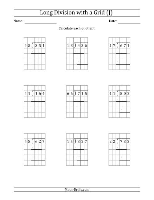 The 3-Digit by 2-Digit Long Division with Remainders with Grid Assistance and Prompts (J) Math Worksheet
