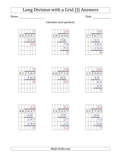 The 3-Digit by 2-Digit Long Division with Remainders with Grid Assistance and Prompts (J) Math Worksheet Page 2