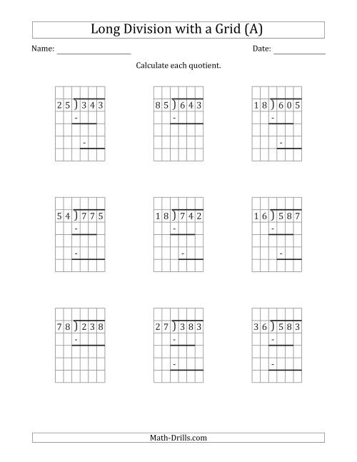 The 3-Digit by 2-Digit Long Division with Remainders with Grid Assistance and Prompts (All) Math Worksheet