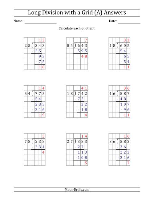 The 3-Digit by 2-Digit Long Division with Remainders with Grid Assistance and Prompts (All) Math Worksheet Page 2