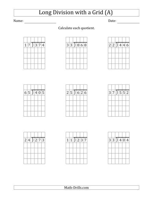 The 3-Digit by 2-Digit Long Division with Remainders with Grid Assistance (A) Math Worksheet