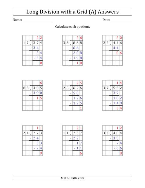 The 3-Digit by 2-Digit Long Division with Remainders with Grid Assistance (A) Math Worksheet Page 2