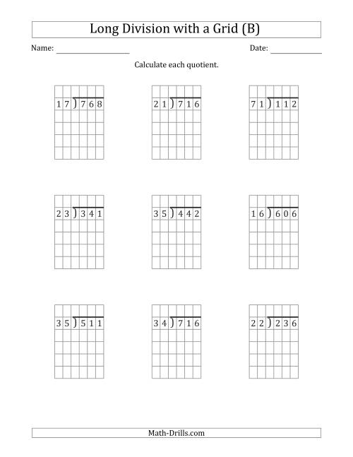 The 3-Digit by 2-Digit Long Division with Remainders with Grid Assistance (B) Math Worksheet