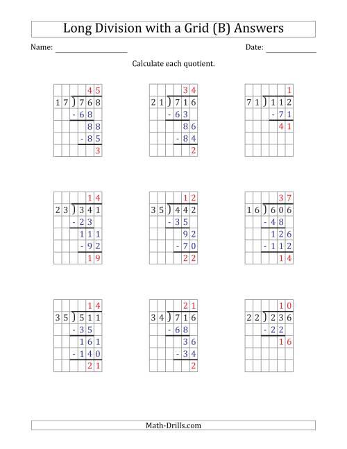 The 3-Digit by 2-Digit Long Division with Remainders with Grid Assistance (B) Math Worksheet Page 2