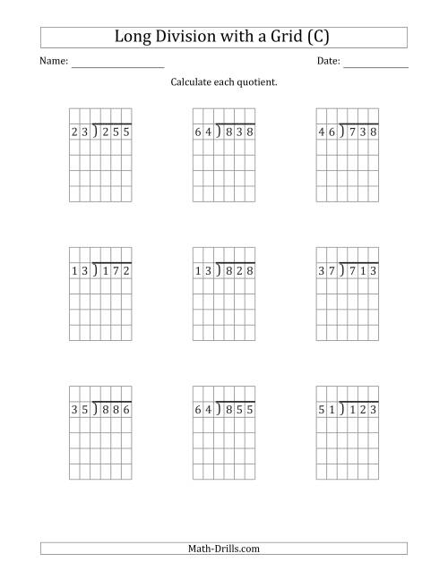 The 3-Digit by 2-Digit Long Division with Remainders with Grid Assistance (C) Math Worksheet