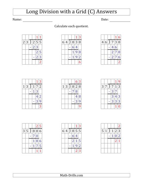 The 3-Digit by 2-Digit Long Division with Remainders with Grid Assistance (C) Math Worksheet Page 2