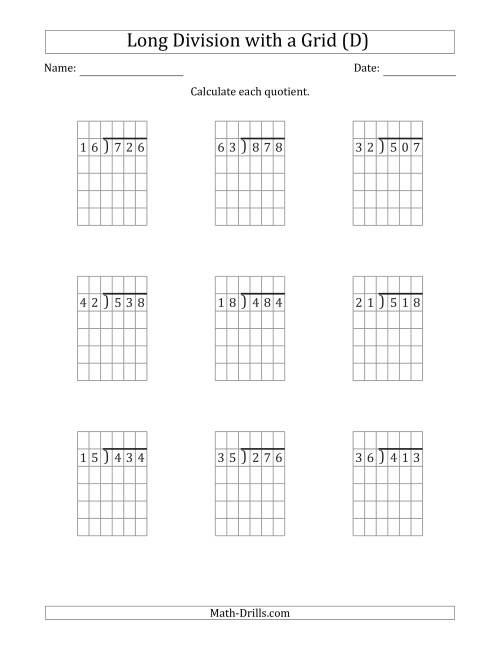 The 3-Digit by 2-Digit Long Division with Remainders with Grid Assistance (D) Math Worksheet