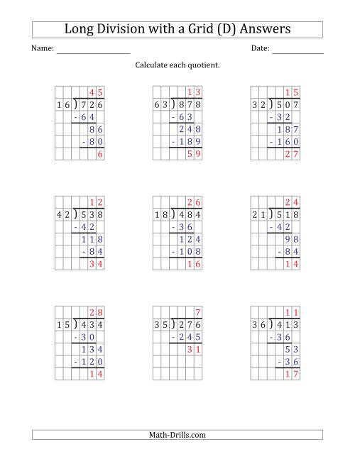 The 3-Digit by 2-Digit Long Division with Remainders with Grid Assistance (D) Math Worksheet Page 2