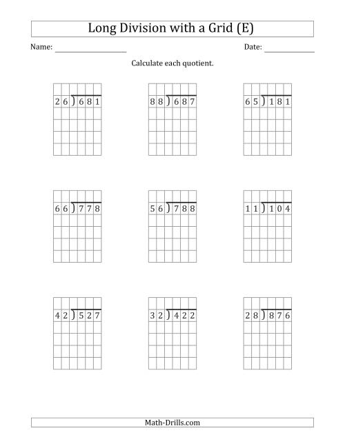 The 3-Digit by 2-Digit Long Division with Remainders with Grid Assistance (E) Math Worksheet