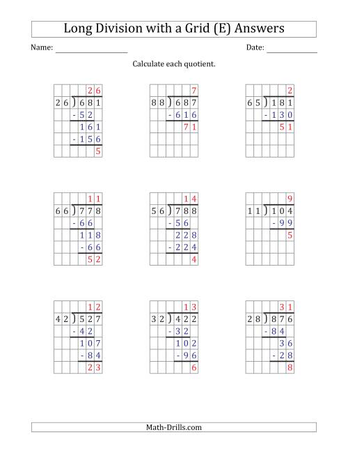 The 3-Digit by 2-Digit Long Division with Remainders with Grid Assistance (E) Math Worksheet Page 2