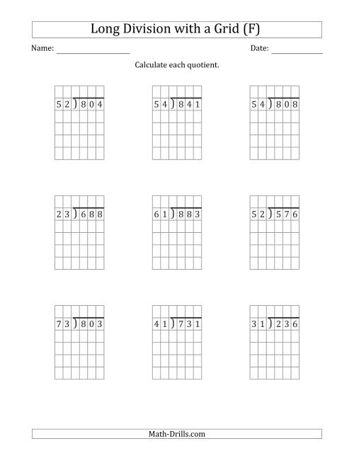 The 3-Digit by 2-Digit Long Division with Remainders with Grid Assistance (F) Math Worksheet