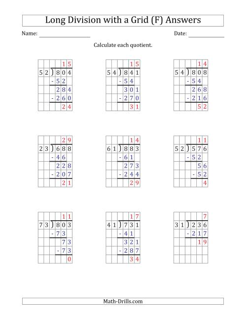 The 3-Digit by 2-Digit Long Division with Remainders with Grid Assistance (F) Math Worksheet Page 2