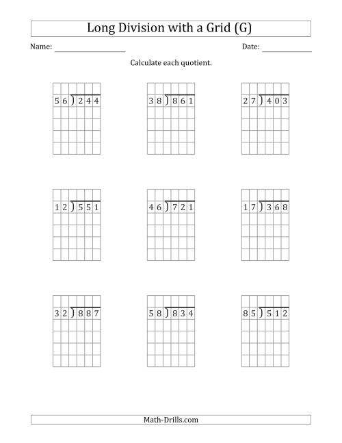 The 3-Digit by 2-Digit Long Division with Remainders with Grid Assistance (G) Math Worksheet
