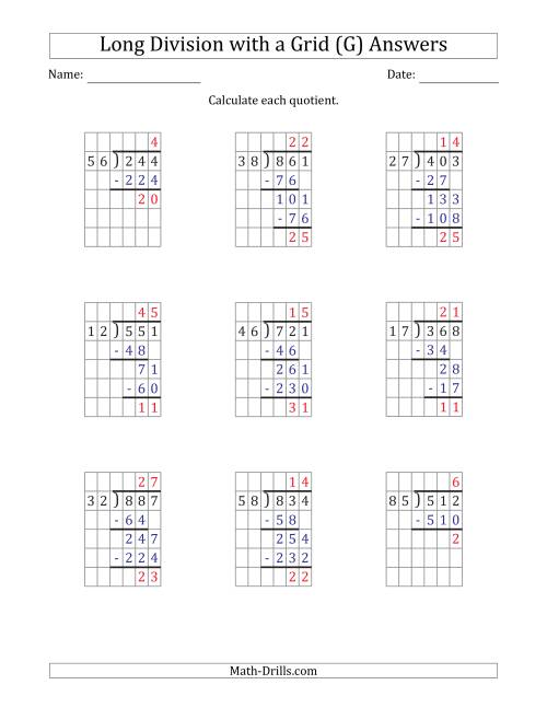 The 3-Digit by 2-Digit Long Division with Remainders with Grid Assistance (G) Math Worksheet Page 2