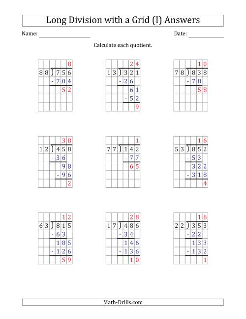 The 3-Digit by 2-Digit Long Division with Remainders with Grid Assistance (I) Math Worksheet Page 2