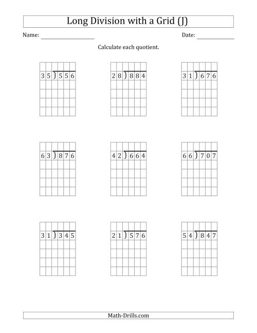 The 3-Digit by 2-Digit Long Division with Remainders with Grid Assistance (J) Math Worksheet