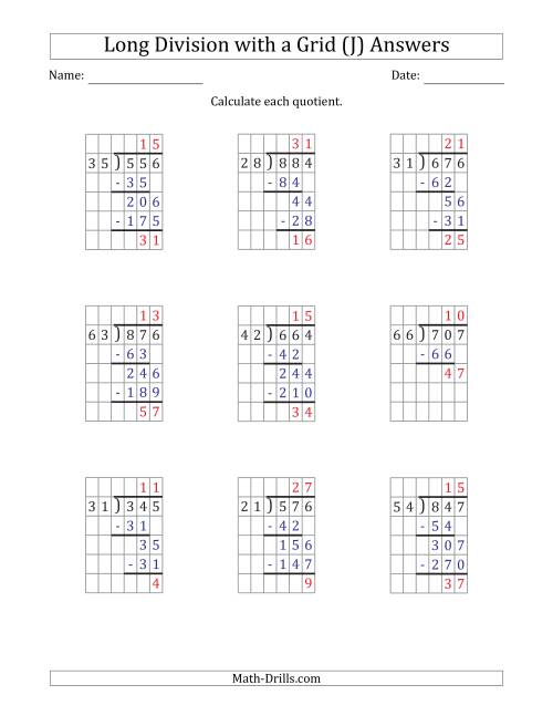 The 3-Digit by 2-Digit Long Division with Remainders with Grid Assistance (J) Math Worksheet Page 2
