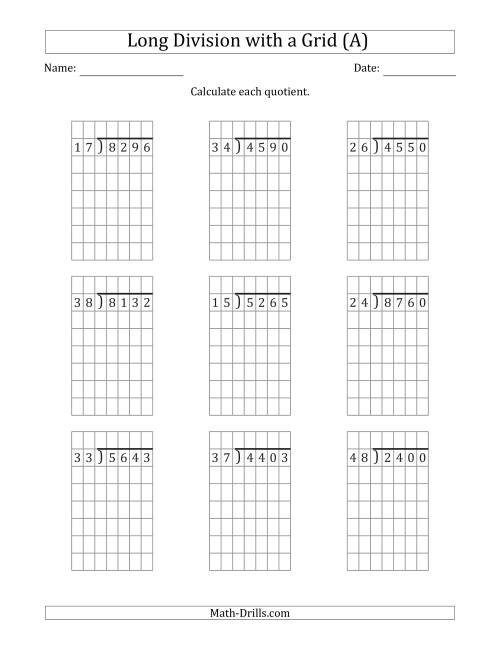 The 4-Digit by 2-Digit Long Division with Grid Assistance and NO Remainders (A) Math Worksheet