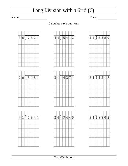 The 4-Digit by 2-Digit Long Division with Grid Assistance and NO Remainders (C) Math Worksheet