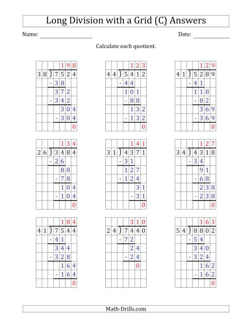 The 4-Digit by 2-Digit Long Division with Grid Assistance and NO Remainders (C) Math Worksheet Page 2