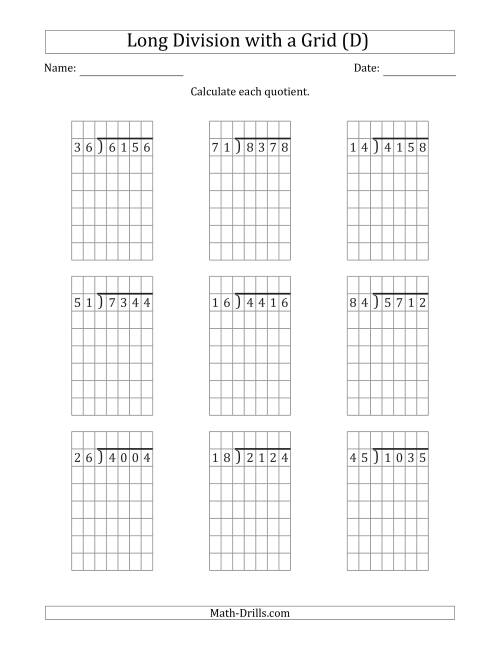 The 4-Digit by 2-Digit Long Division with Grid Assistance and NO Remainders (D) Math Worksheet