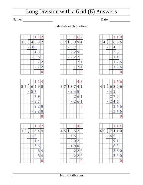 The 4-Digit by 2-Digit Long Division with Grid Assistance and NO Remainders (E) Math Worksheet Page 2