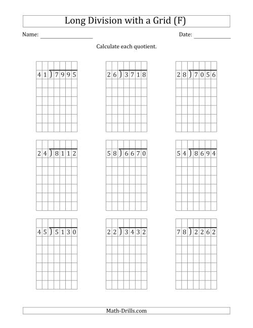 The 4-Digit by 2-Digit Long Division with Grid Assistance and NO Remainders (F) Math Worksheet