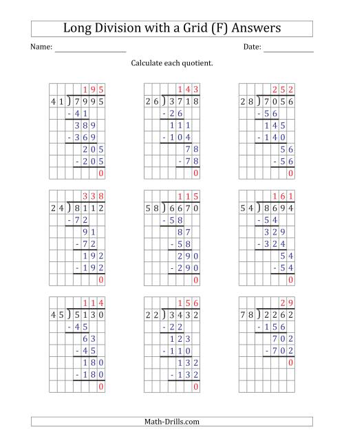 The 4-Digit by 2-Digit Long Division with Grid Assistance and NO Remainders (F) Math Worksheet Page 2