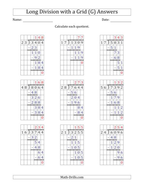 The 4-Digit by 2-Digit Long Division with Grid Assistance and NO Remainders (G) Math Worksheet Page 2