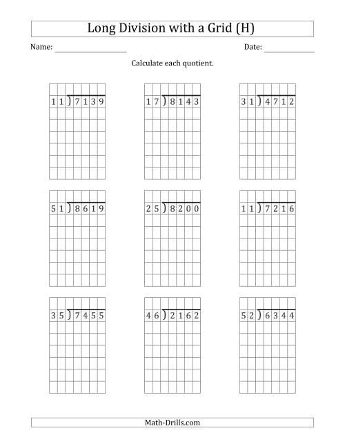The 4-Digit by 2-Digit Long Division with Grid Assistance and NO Remainders (H) Math Worksheet