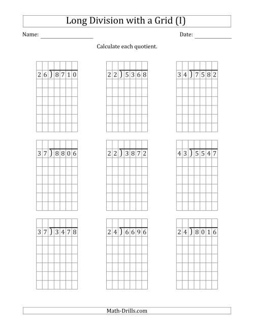The 4-Digit by 2-Digit Long Division with Grid Assistance and NO Remainders (I) Math Worksheet