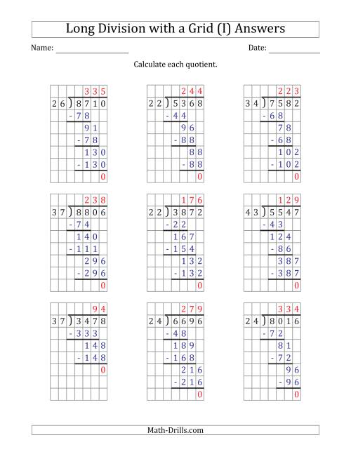The 4-Digit by 2-Digit Long Division with Grid Assistance and NO Remainders (I) Math Worksheet Page 2