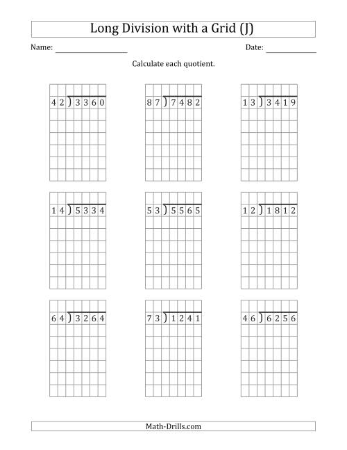 The 4-Digit by 2-Digit Long Division with Grid Assistance and NO Remainders (J) Math Worksheet