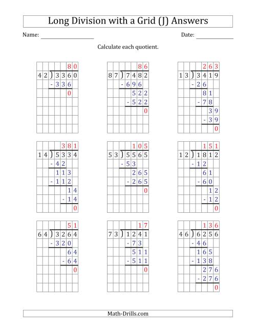 The 4-Digit by 2-Digit Long Division with Grid Assistance and NO Remainders (J) Math Worksheet Page 2